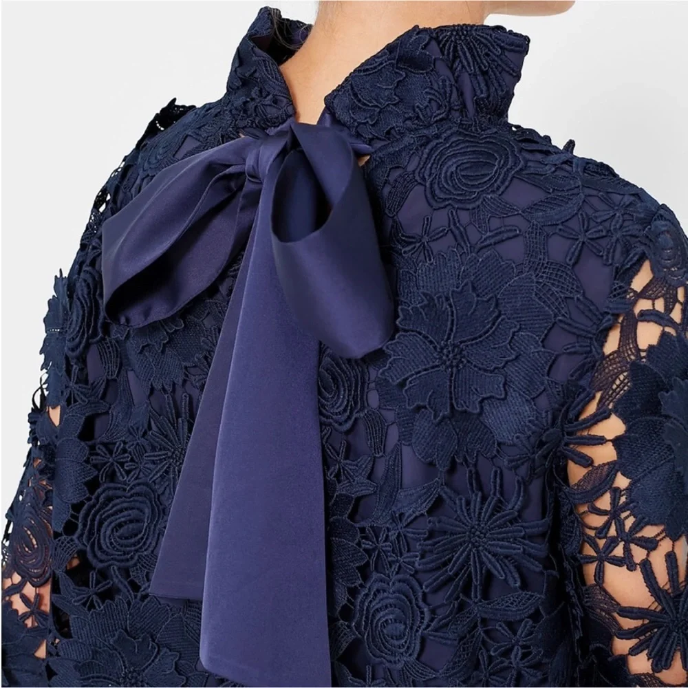 Tuckernuck Navy Floral Lace Mini Dress with Back Bow - Picture 3 of 14